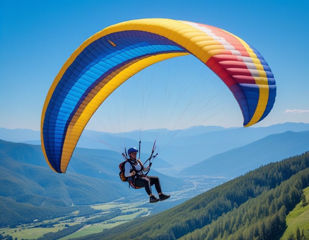 A paraglider performing an aerobatic loop over mountainous terrain under a clear blue sky.