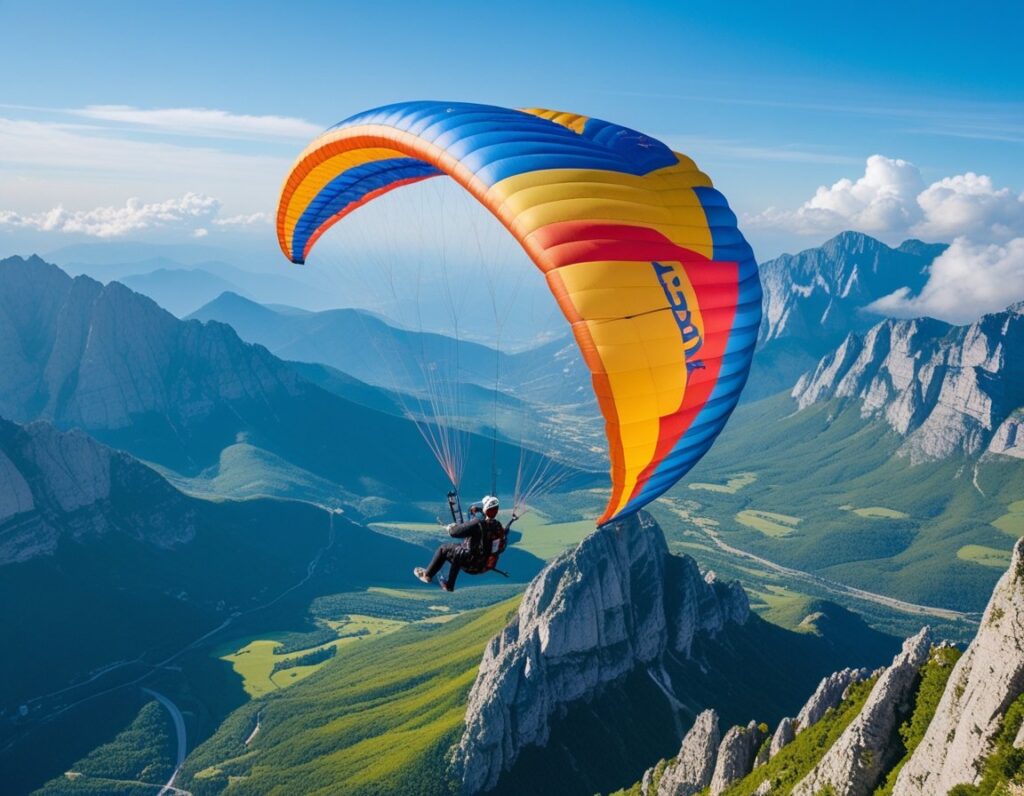 A paraglider performing twisted aerial tricks above mountains and valleys under a clear blue sky.