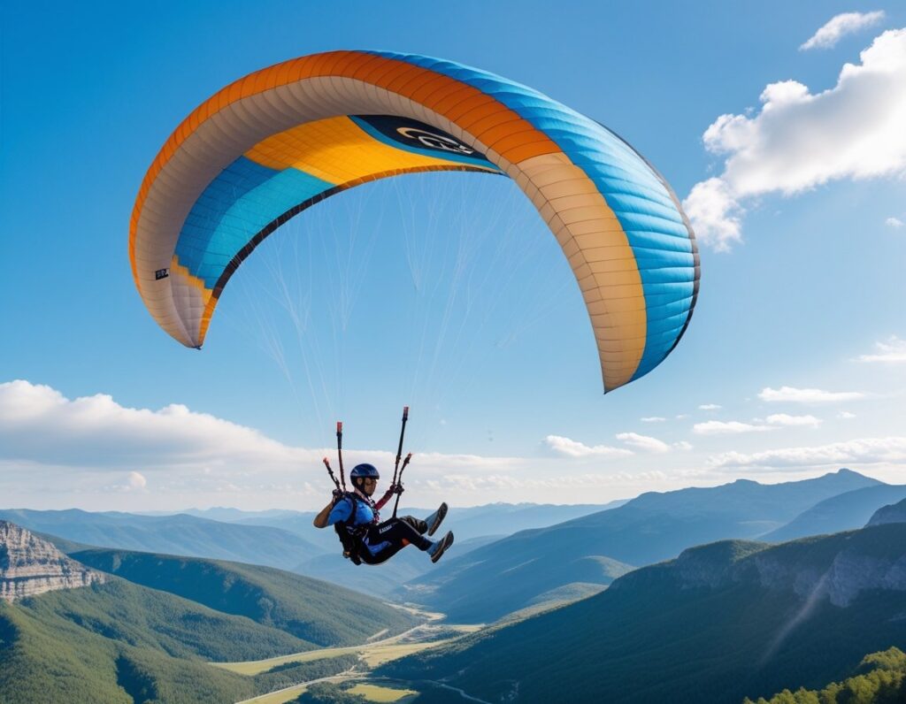 A paraglider performing a twisted trick high above a mountainous landscape under a blue sky.