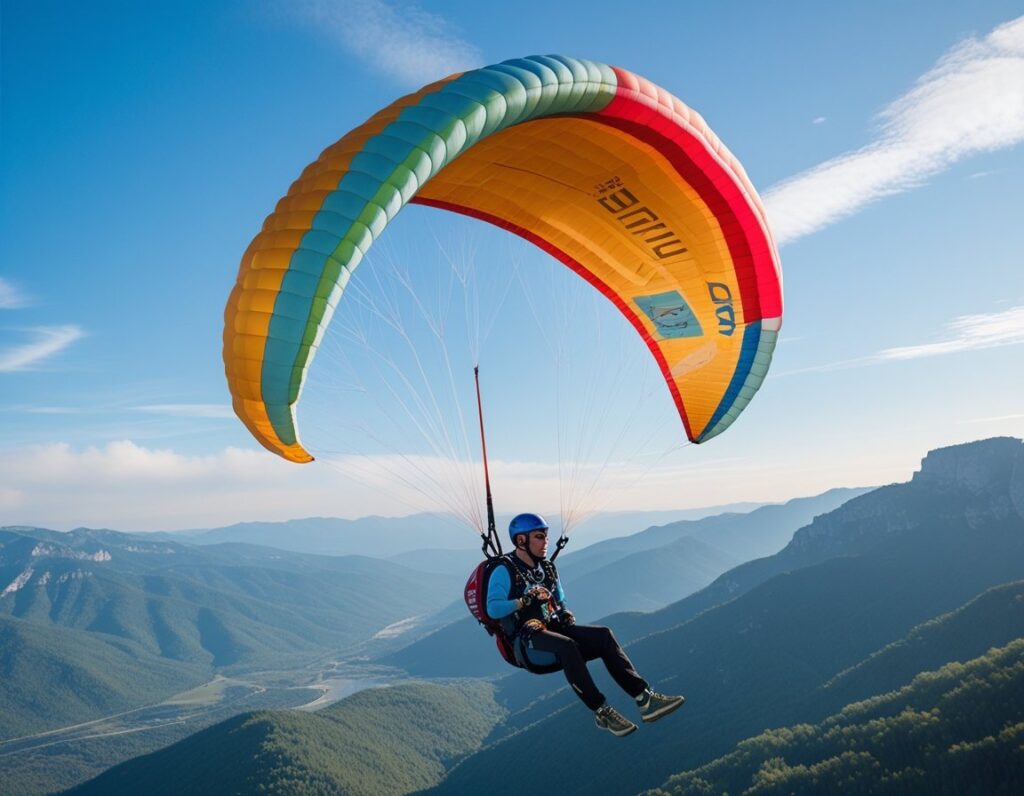 A paraglider in mid-air deploying a reserve parachute with mountains and sky in the background.