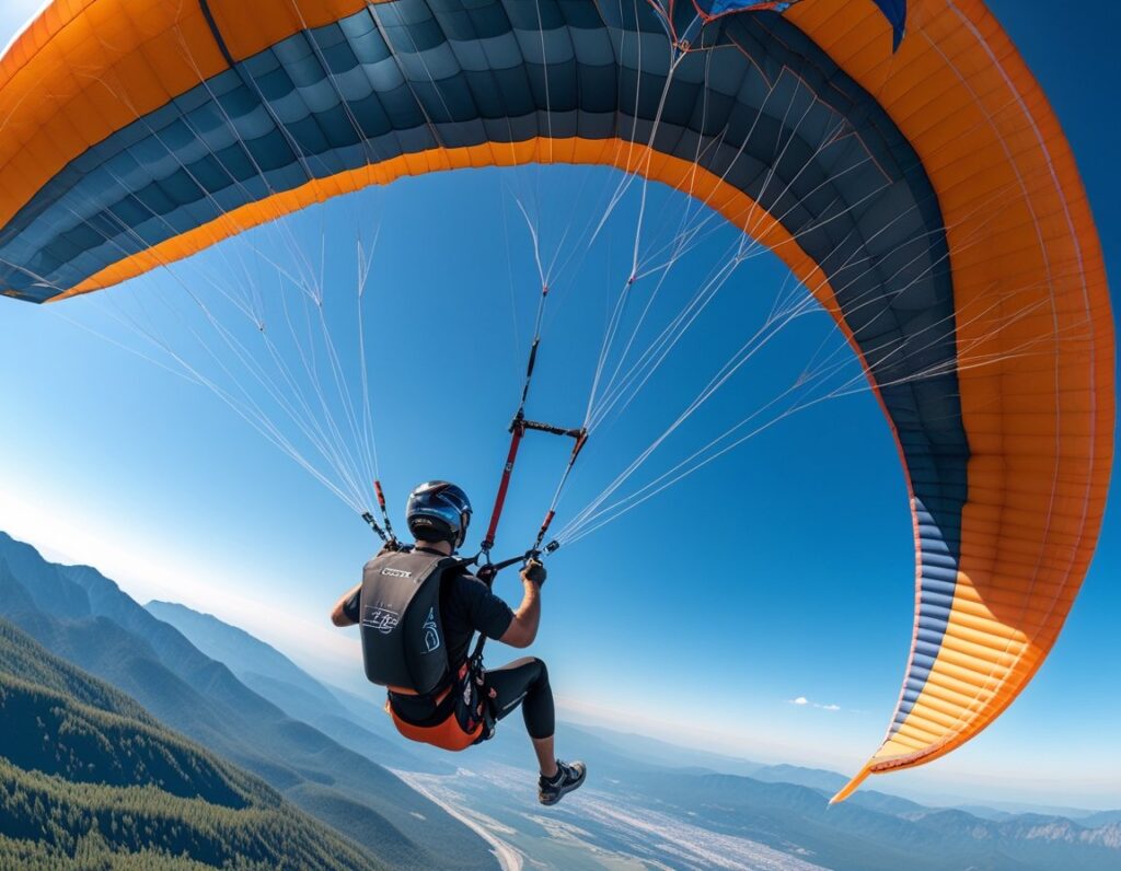 A paraglider in mid-air deploying a reserve parachute with mountains and blue sky in the background.