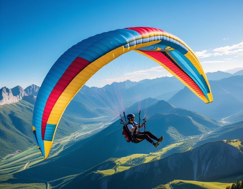 A paraglider performing wing overs high above mountains with green valleys and clear blue sky.