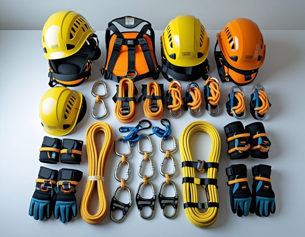 A collection of Acro safety equipment including harnesses, carabiners, ropes, helmets, and gloves arranged on a white surface.