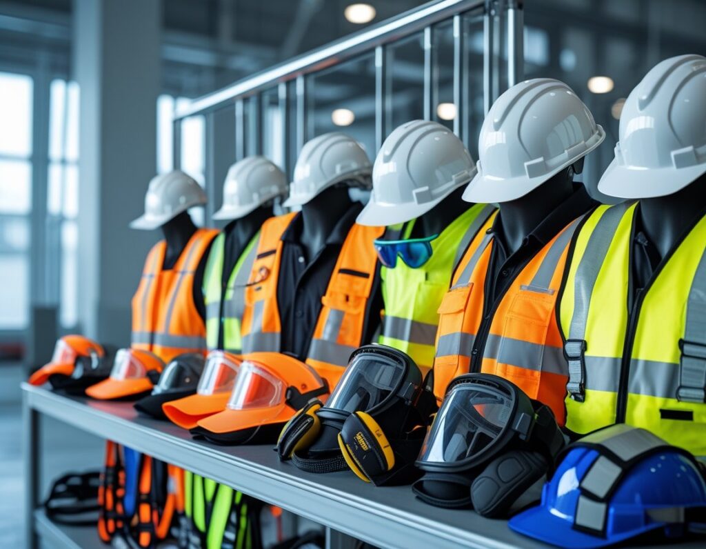An organized display of various safety equipment including hard hats, goggles, vests, gloves, ear protection, and harnesses in a bright industrial workspace.