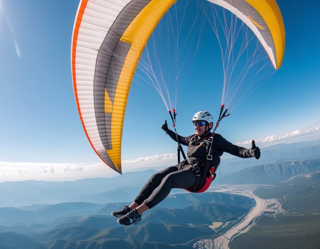 A paraglider pilot in flight leaning into a turn over mountains under a blue sky.