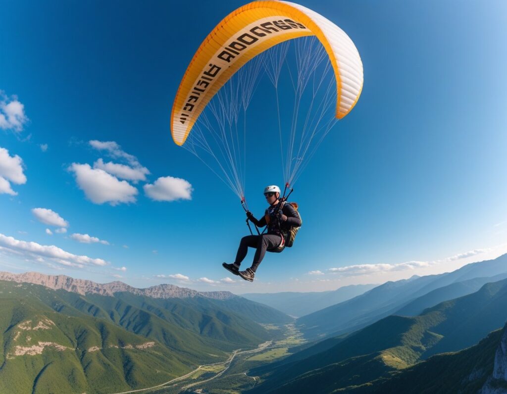 A paraglider flying over mountains with clear sky, wearing safety gear and controlling the glider.