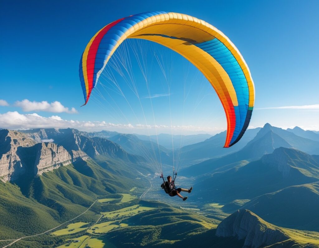A paraglider flying high above green mountains and valleys under a clear blue sky.