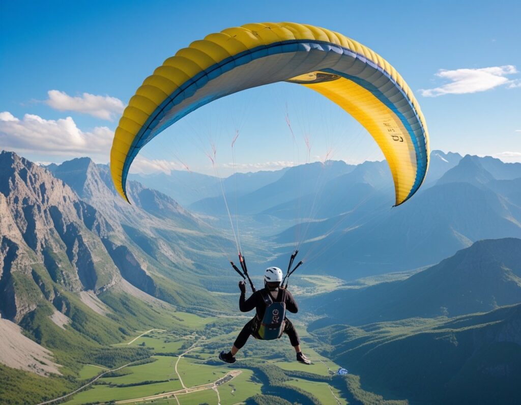 A paraglider flying high above mountains and green valleys under a clear blue sky.