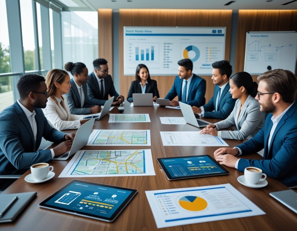 A group of business professionals in a modern office reviewing maps and digital devices during a site selection meeting.