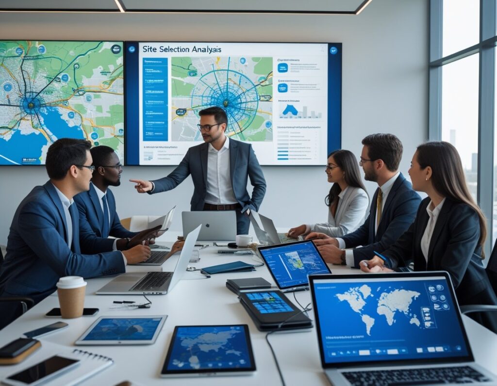 Business professionals collaborating around a table with digital maps and charts in a bright office.