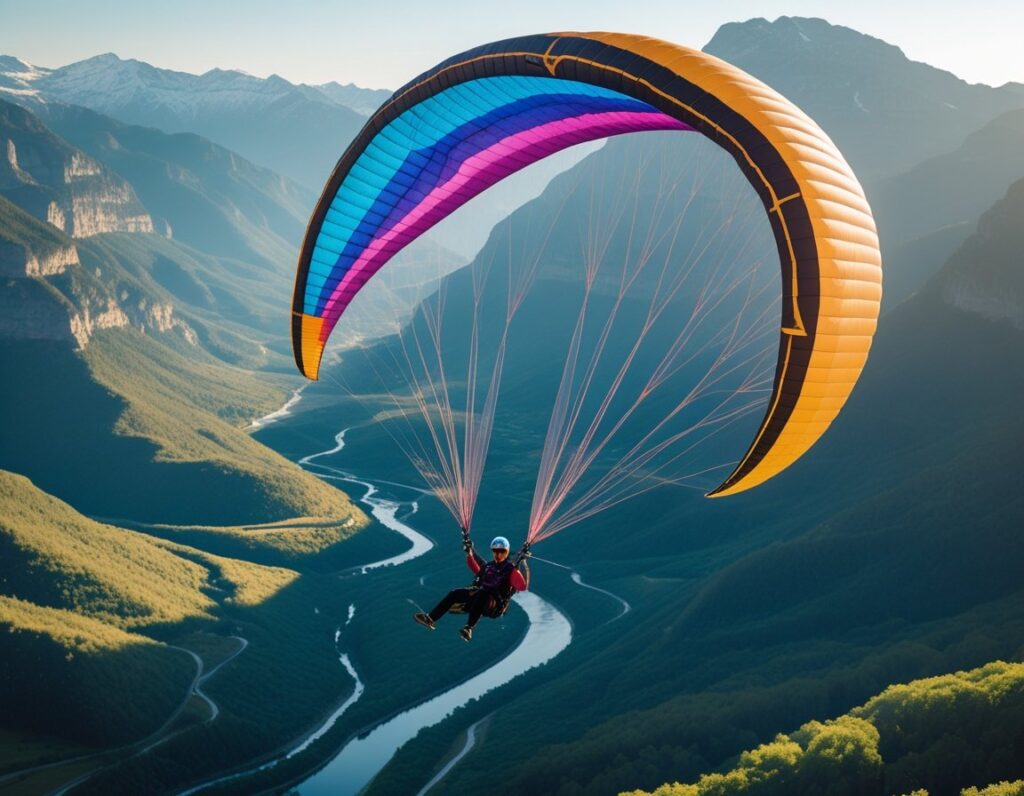 A paraglider flying over a mountainous valley with colorful wings and a pilot controlling the glider under a clear sky.
