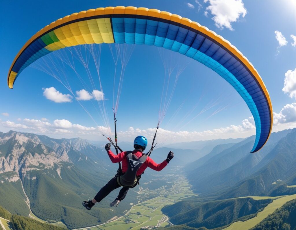 A paraglider performing wing overs in the sky above green mountains and valleys.