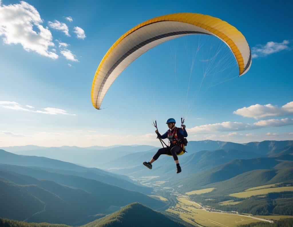 A paraglider pilot flying over a mountainous landscape with a bright canopy against a blue sky.