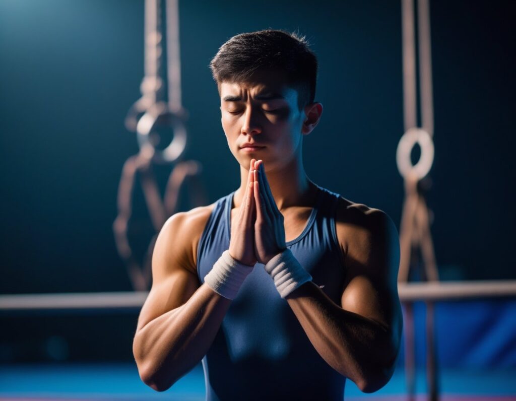 A young acrobat standing backstage with eyes closed and hands clasped, preparing mentally before a performance.