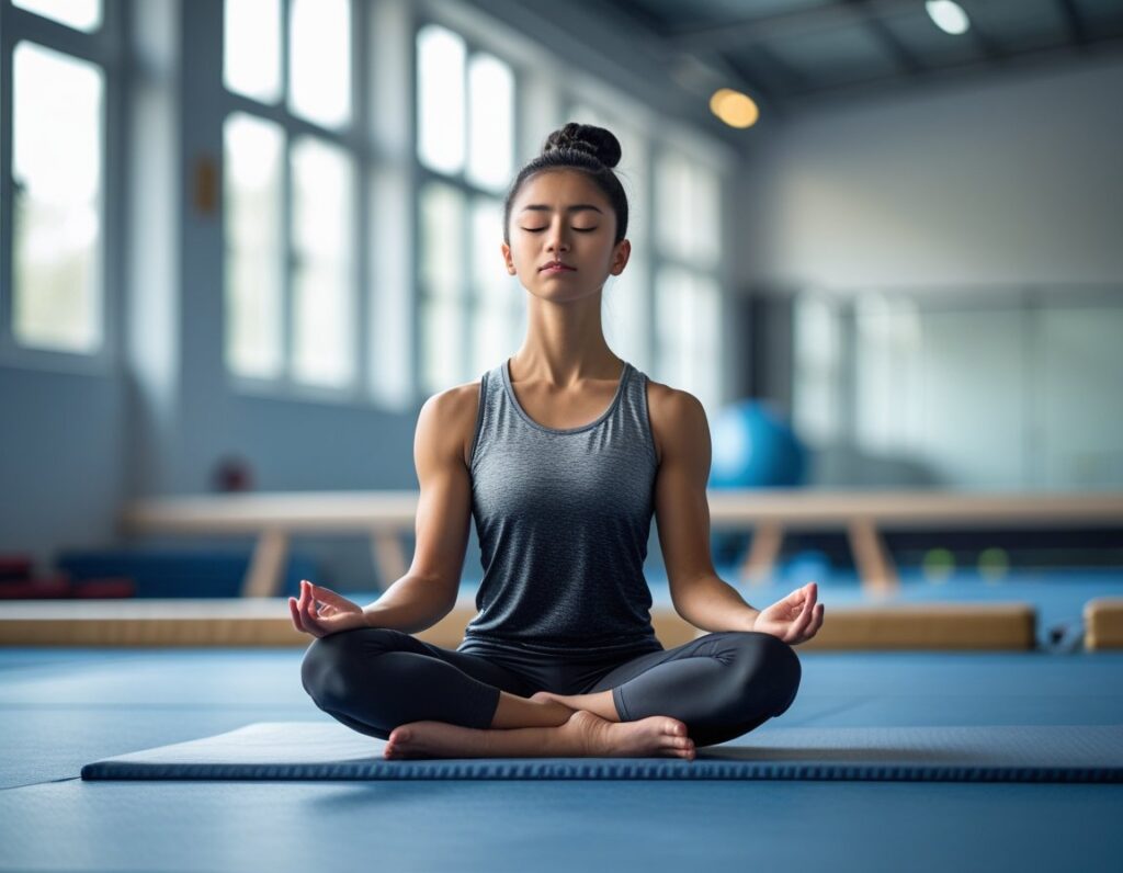 A young acrobat sitting cross-legged on a mat with eyes closed, meditating in a gym with blurred equipment in the background.