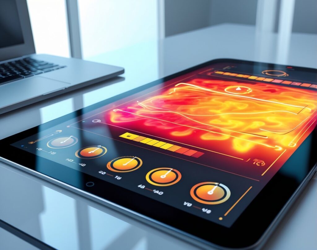 Close-up of a digital display showing colorful heat maps and gauges indicating thermal strength levels.