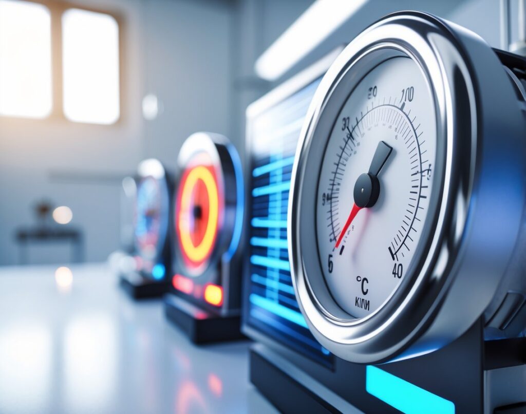 Close-up of a temperature gauge with heat map colors in a clean industrial setting.