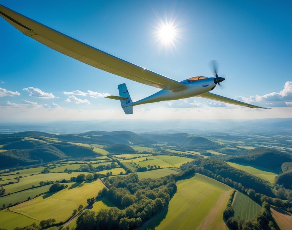 A glider flying above rolling hills and green fields under a clear blue sky.