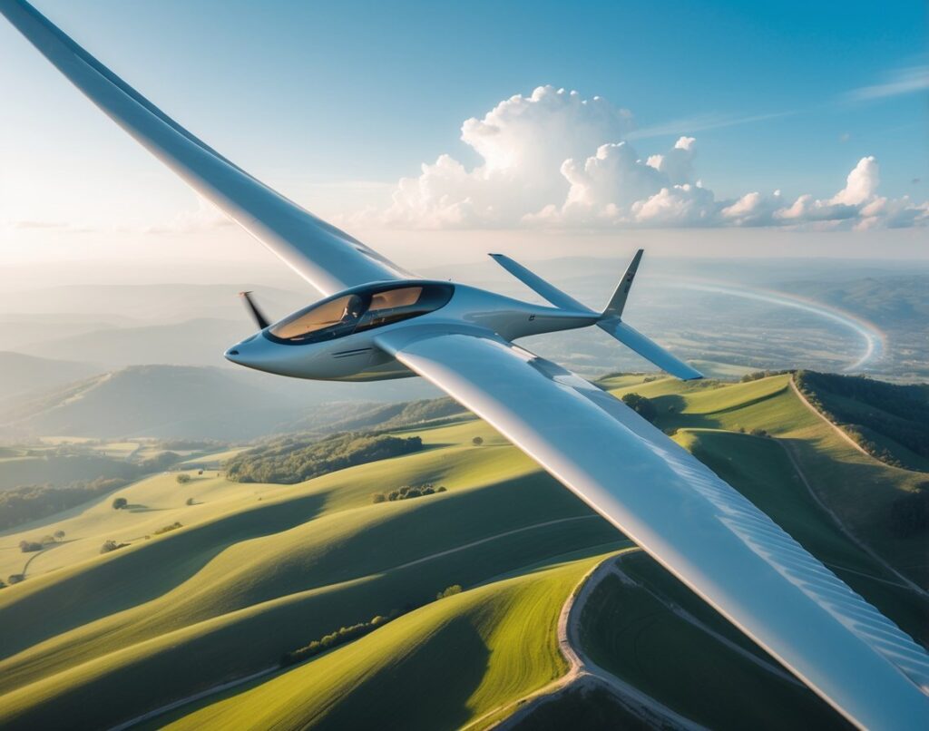 A glider soaring above rolling green hills under a clear sky with scattered clouds, riding a thermal updraft.
