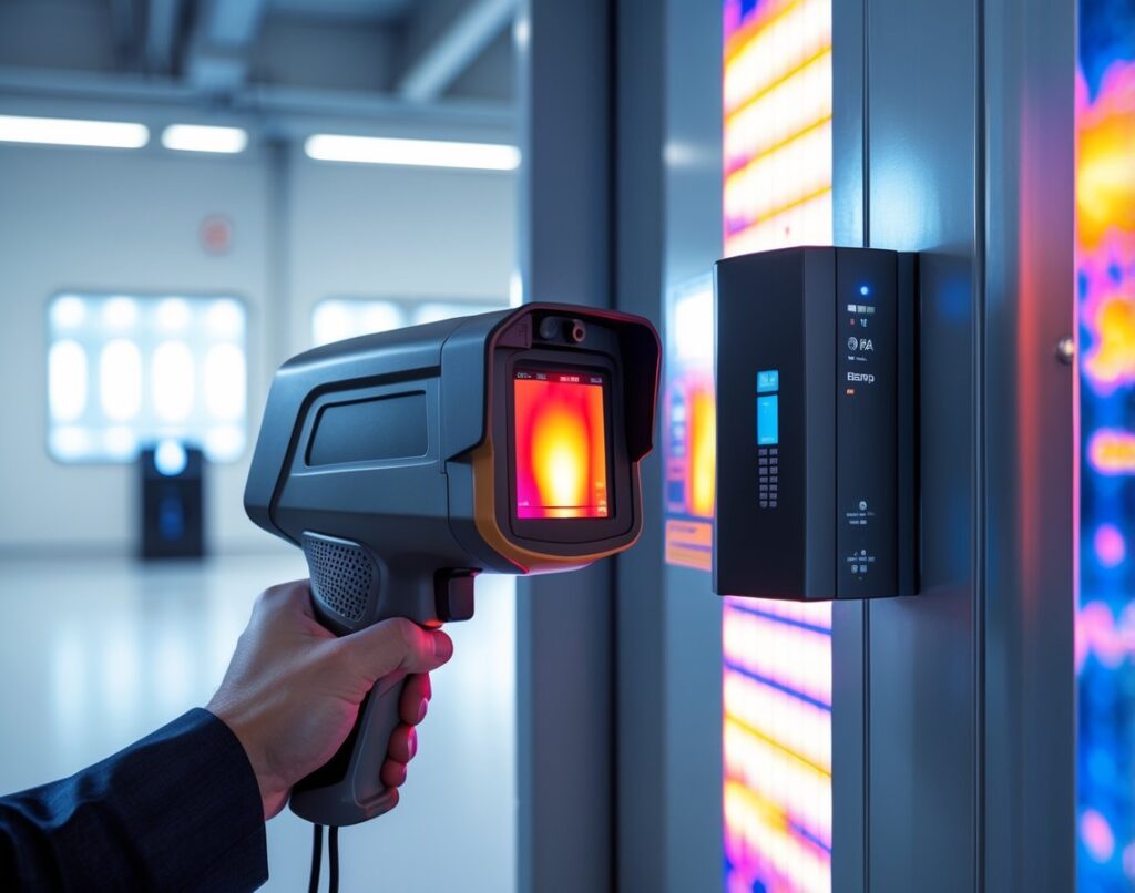Close-up of a thermal imaging device capturing heat signatures on a secure industrial entry door with visible heat patterns.