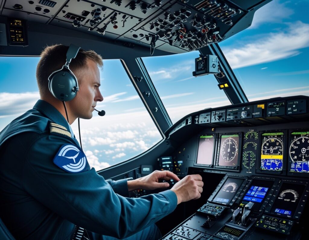 A pilot in a cockpit operating aircraft controls during a flight training session.