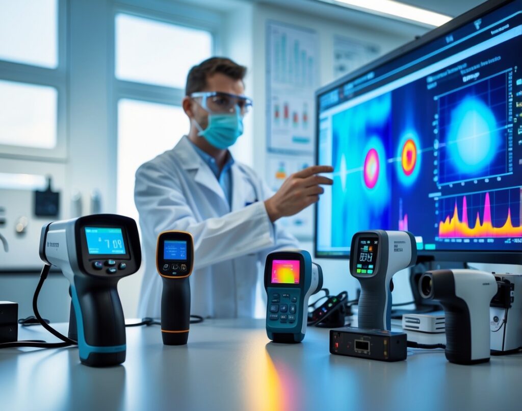 A scientist in a lab coat analyzing thermal data on a digital screen with thermal measurement instruments on a workbench.