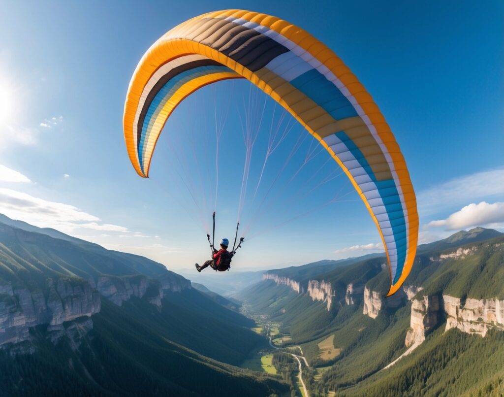 A paraglider circling in the sky above green mountains and cliffs under a blue sky with clouds.