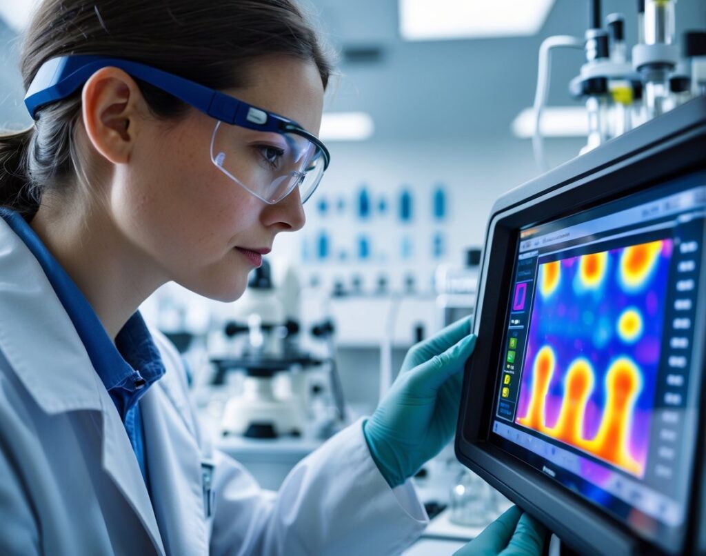 A scientist in a lab coat examining a thermal imaging device displaying colorful temperature patterns in a laboratory.