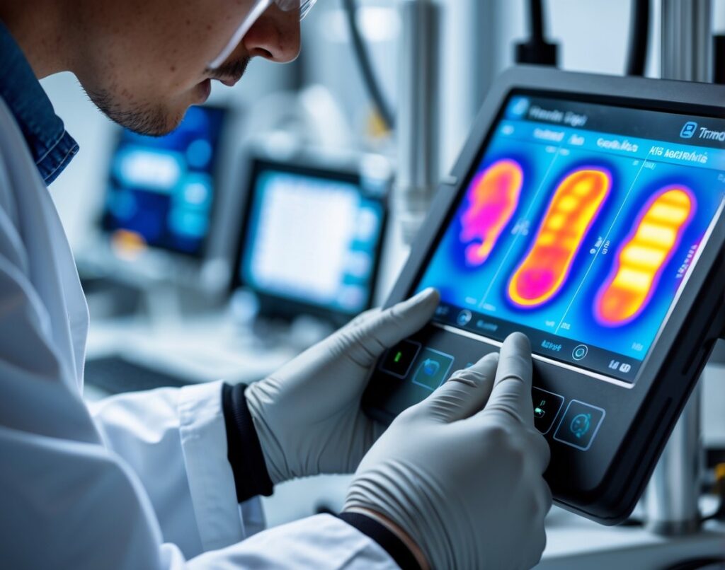 A scientist in a lab coat reading thermal heat maps on a digital thermal imaging device in a laboratory.