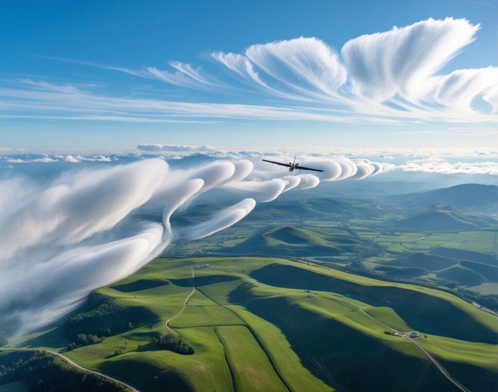 A glider flying over green hills beneath a blue sky with scattered white clouds showing thermal updrafts.