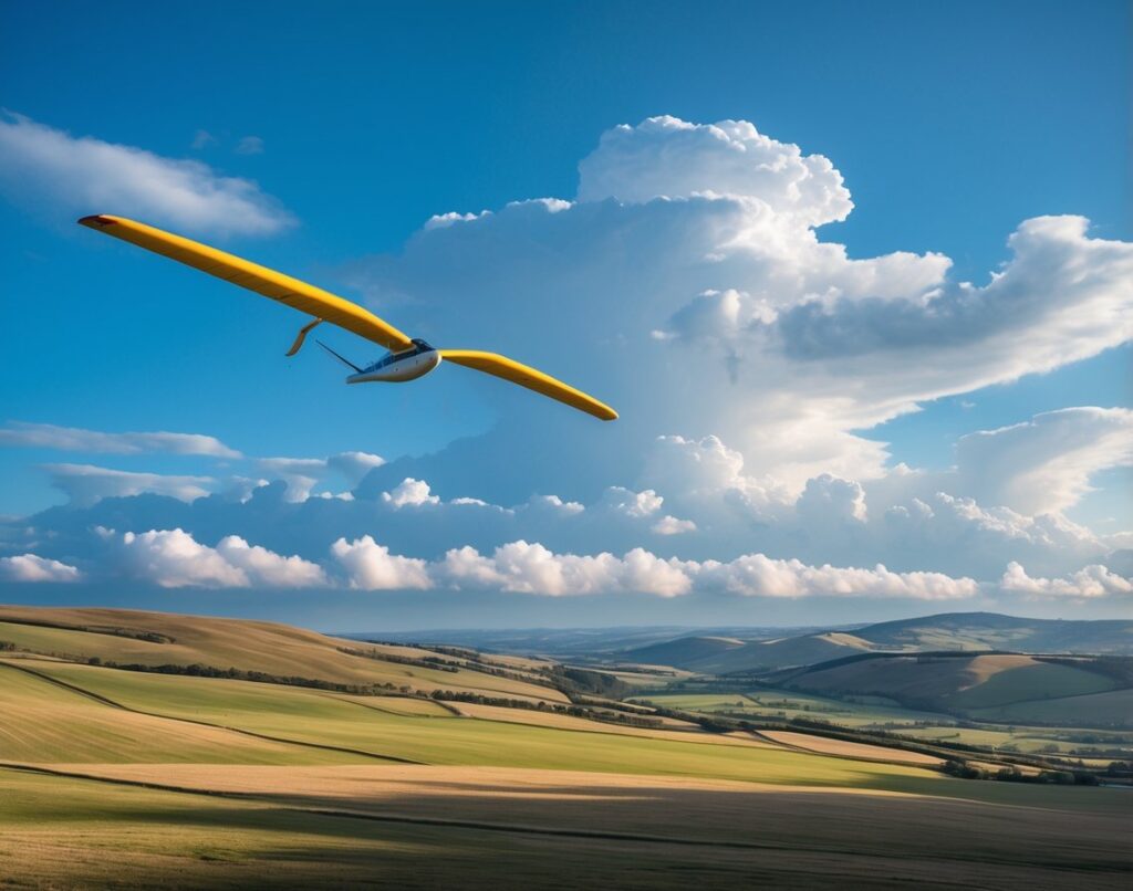 A glider soaring under a blue sky with scattered cumulus clouds above rolling hills and fields.