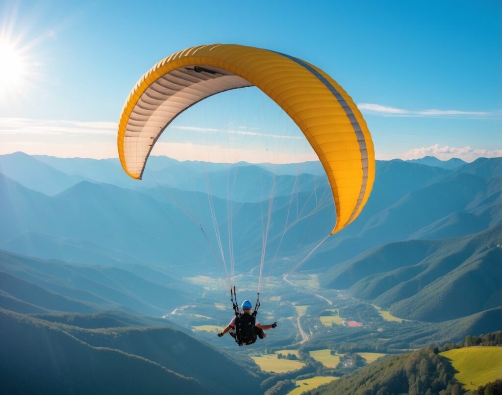 A paraglider flying over mountains with safety gear on a clear sunny day.