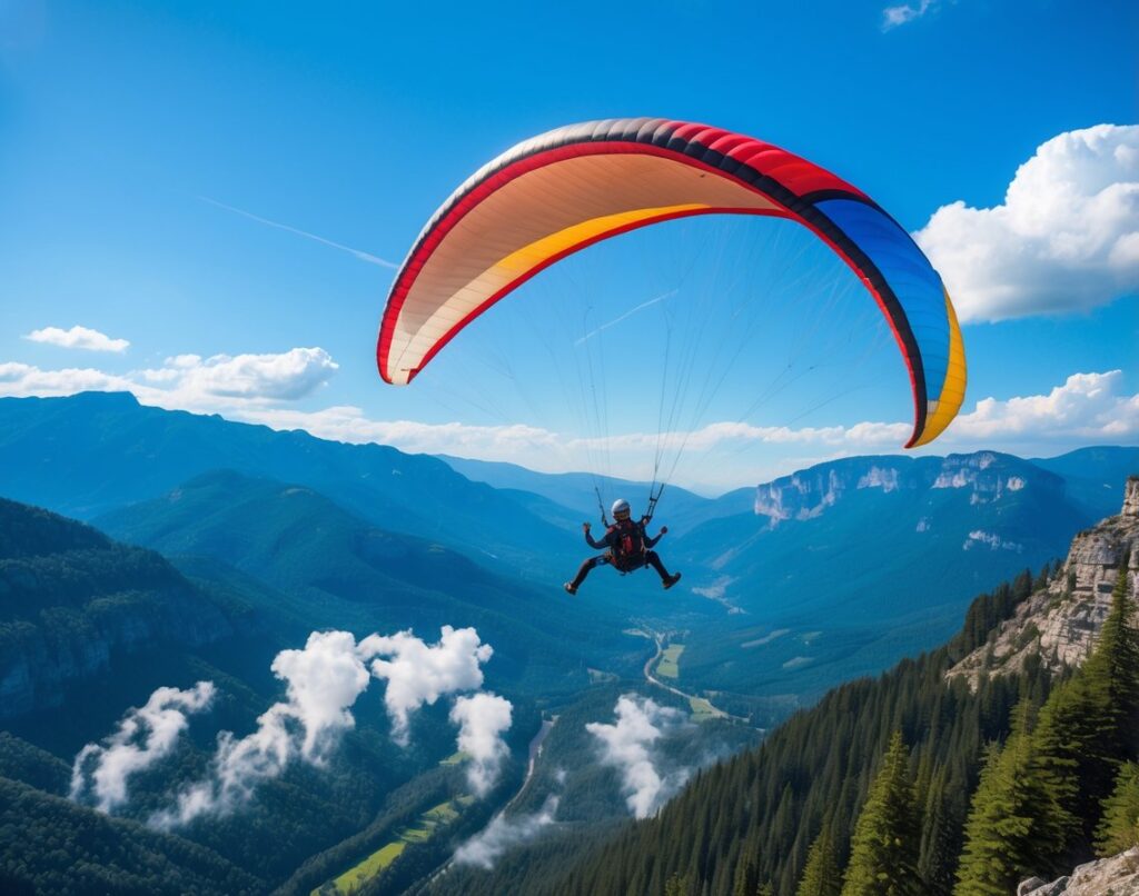 A paraglider flying above mountains on a sunny day with clear blue sky and visible heat waves rising from the terrain.