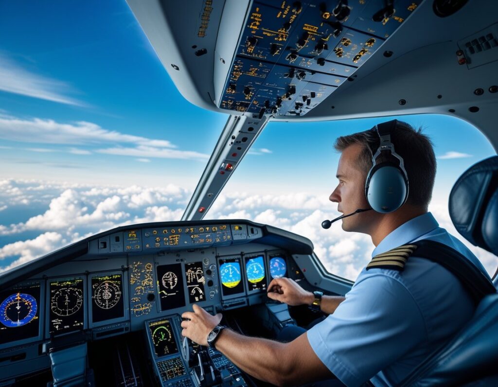 Pilot in an airplane cockpit operating flight controls with clear sky visible outside.