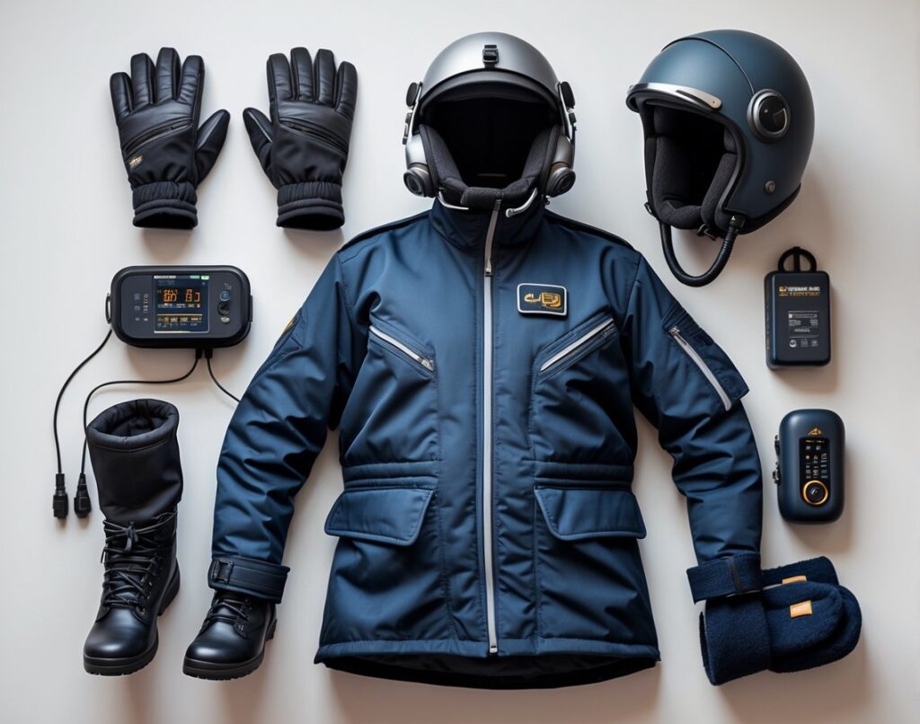 A set of thermal flying equipment including a flight suit, gloves, helmet, boots, and a portable heating device arranged on a neutral background.