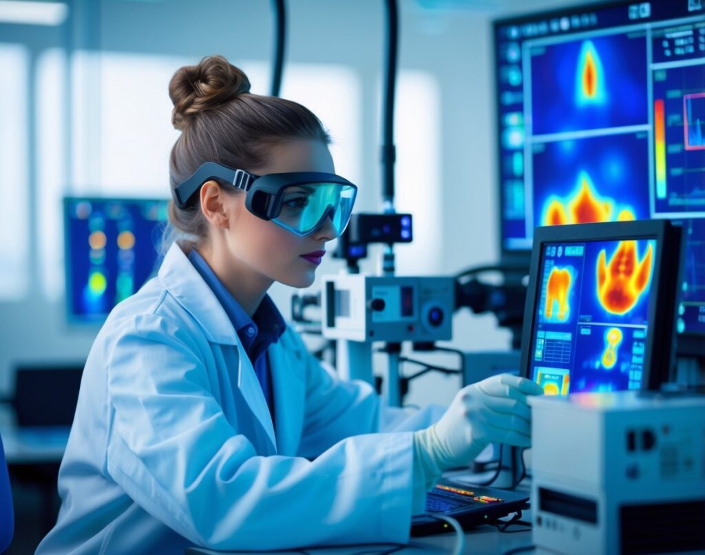 Scientist operating advanced thermal imaging equipment in a modern laboratory with digital heat maps displayed.