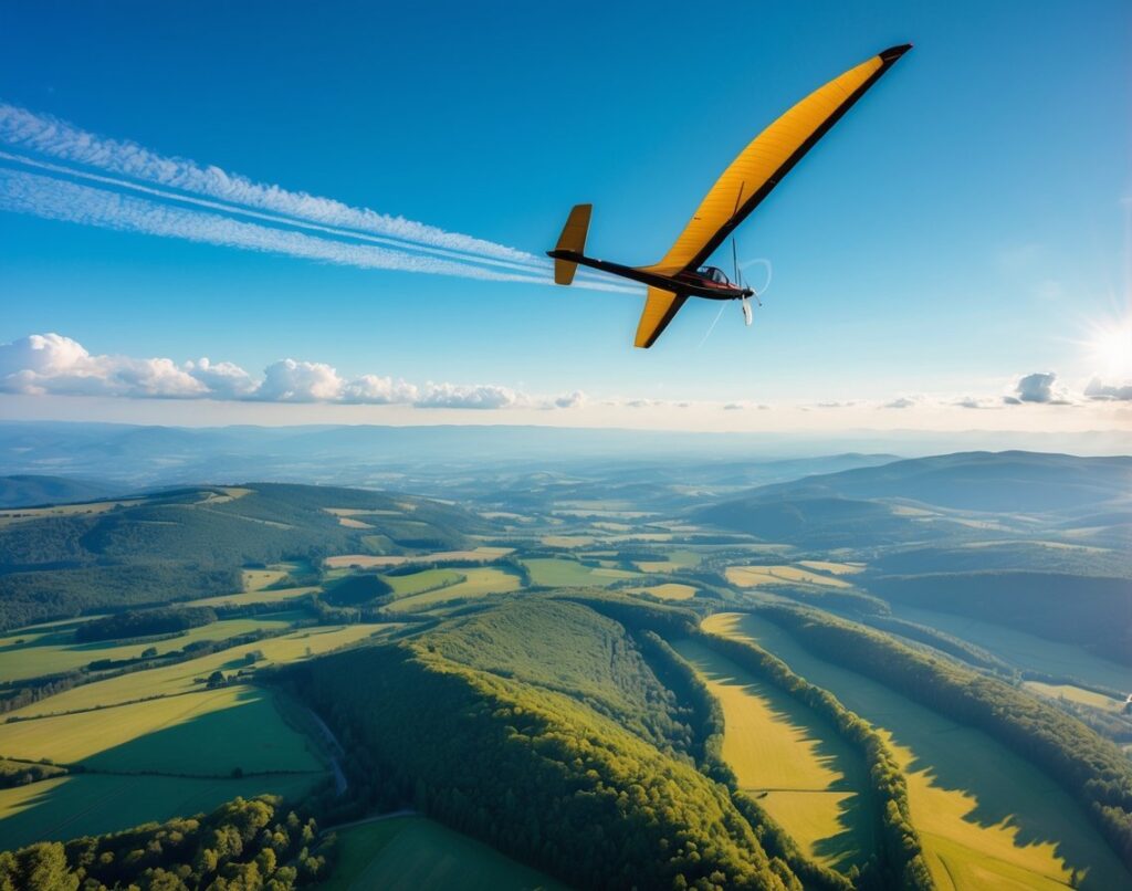 A glider soaring high above a landscape of hills and fields, rising with warm air currents under a clear blue sky with scattered clouds.
