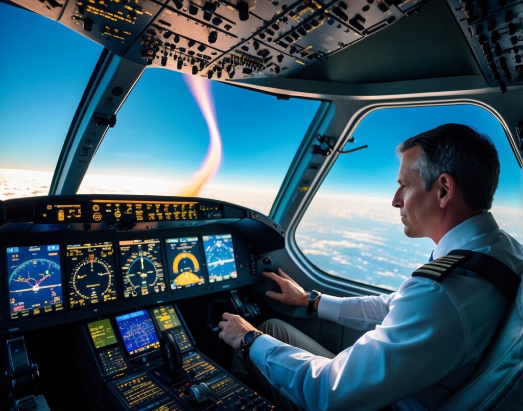 Pilot inside an airplane cockpit analyzing flight instruments with a clear sky and thermal updrafts visible outside.