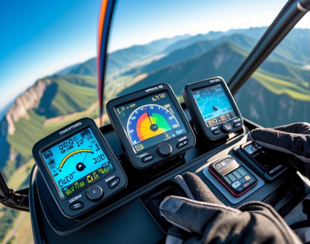 Close-up of paragliding thermal instruments on a control panel with a mountainous landscape in the background.