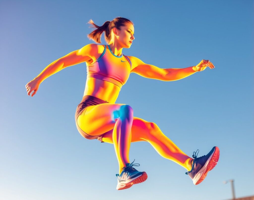 A person in athletic wear flying in mid-air with thermal imaging colors highlighting their body heat and muscles.