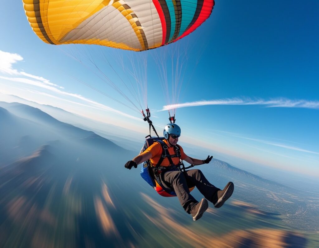 A paraglider spinning rapidly in the air over mountains under a blue sky.
