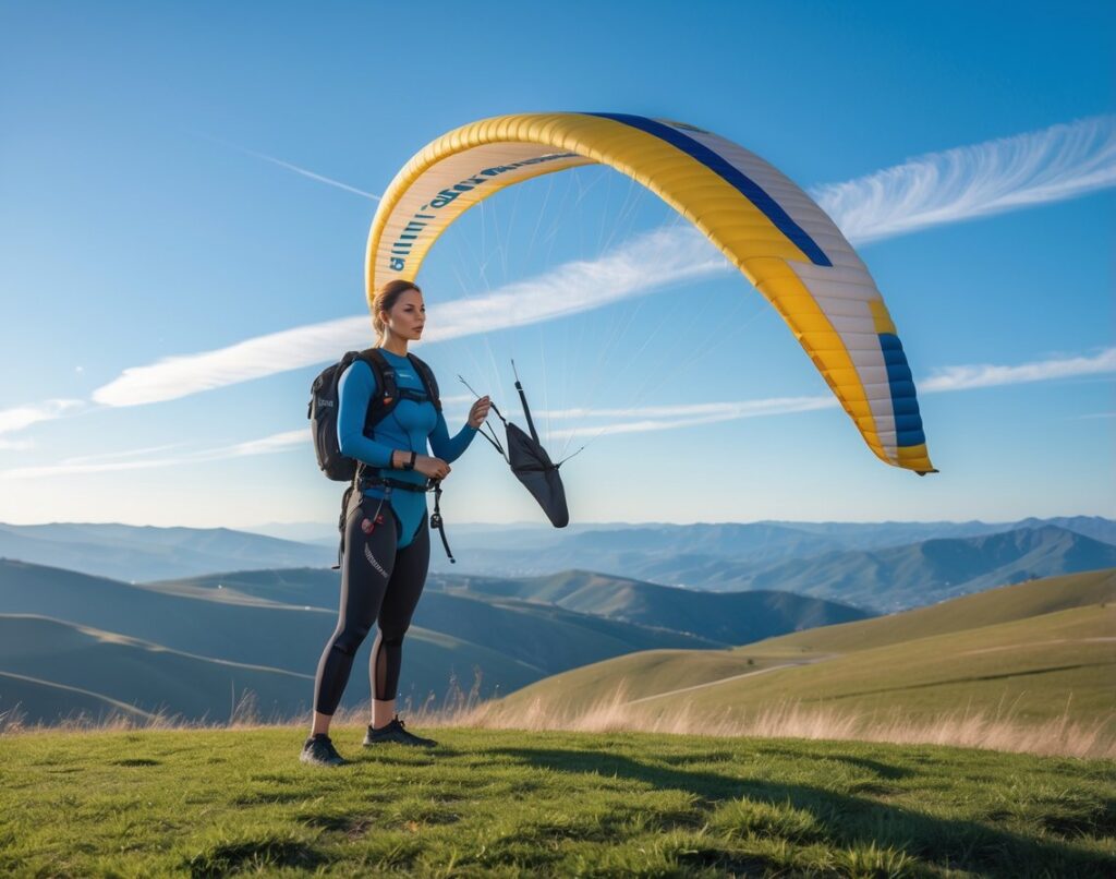 A fit person standing on a hilltop preparing for thermal flying with a glider under a clear blue sky and rolling hills in the background.