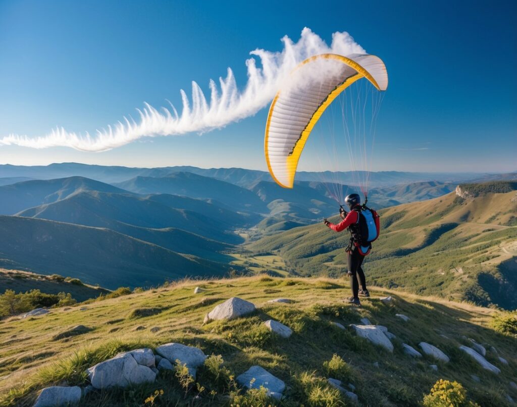 A paraglider pilot preparing for takeoff on a grassy mountain ridge with valleys and hills below under a clear sky showing thermal updrafts.