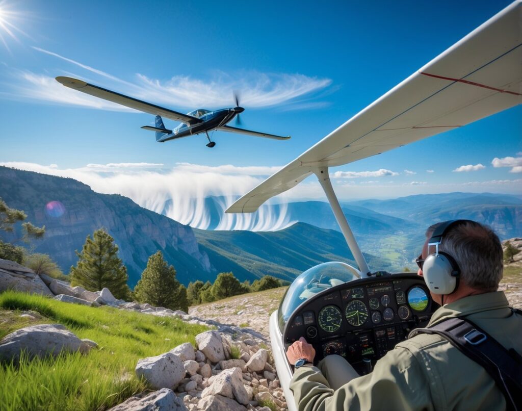A small glider flying over mountains with heat waves rising from the terrain and a pilot inside the cockpit focused on flight instruments.