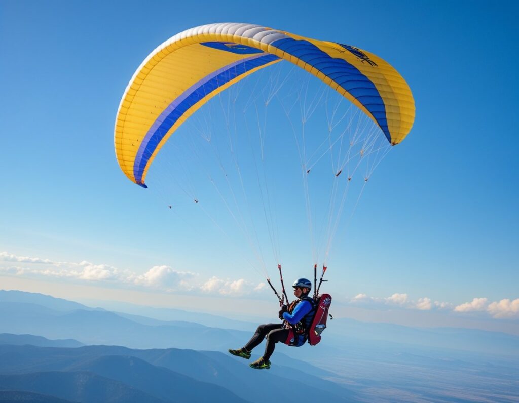 A paraglider in mid-air demonstrating stall techniques with a slightly collapsed wing against a blue sky and mountains below.