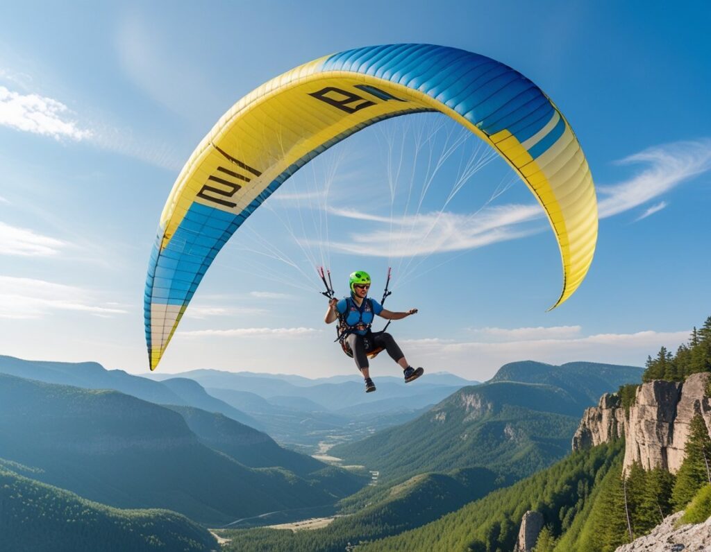 A paraglider in mid-flight demonstrating stall techniques above a mountainous landscape under a clear blue sky.