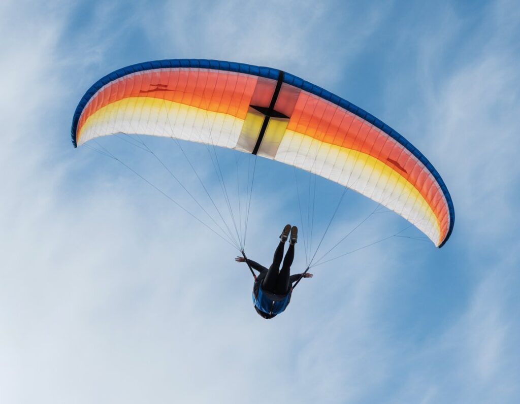 An expert athlete performing continuous acrobatic rotations mid-air, demonstrating the precision and skill required for infinity tumbling in either paragliding or gymnastics.