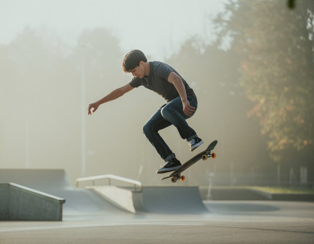 A young man performing a misty flip on a skateboard in a foggy outdoor skate park.