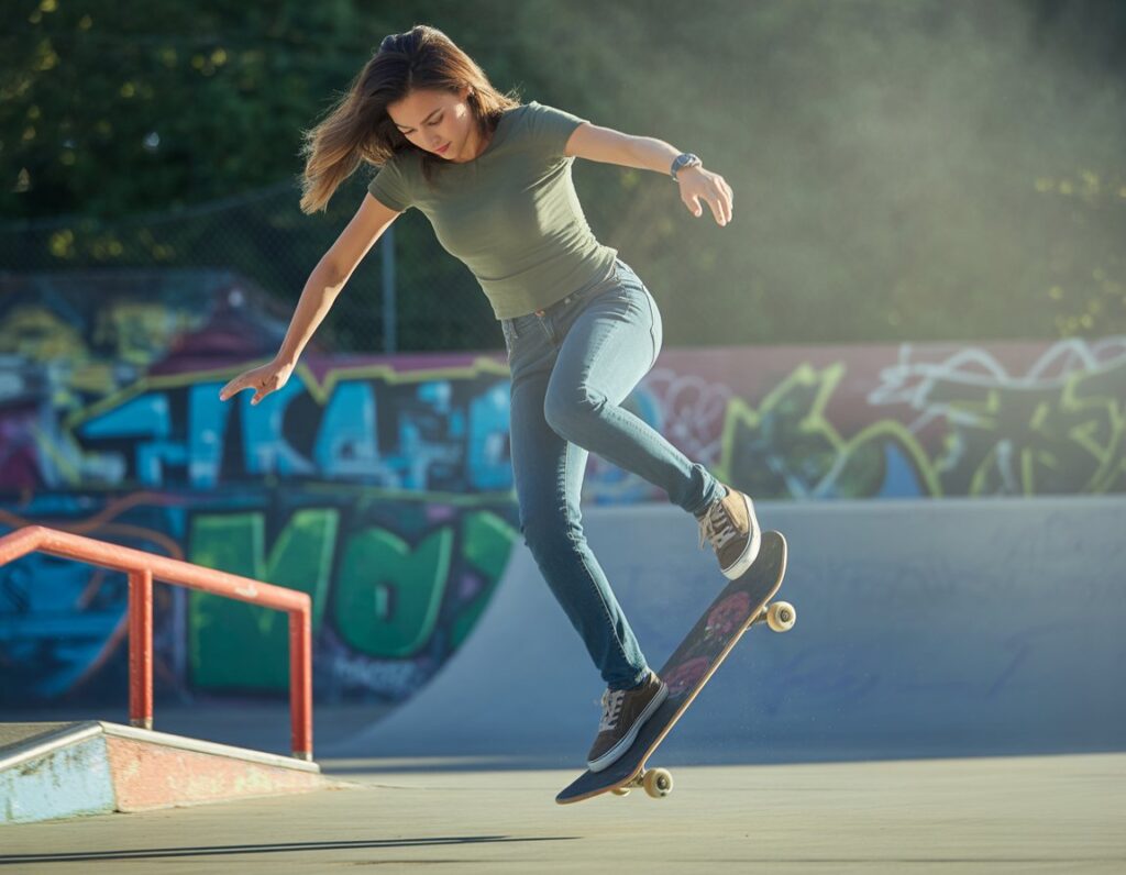 A young woman performing a misty flip on a skateboard in mid-air at a skate park.