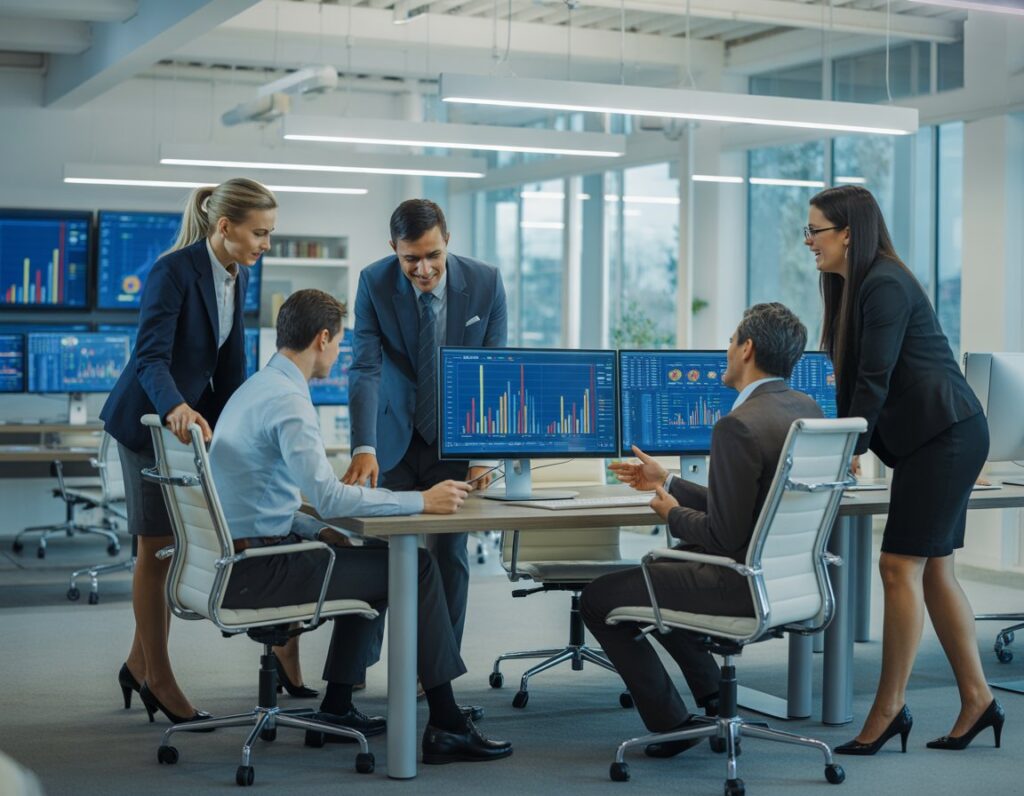 A group of professionals analyzing colorful rhythmic data patterns on digital screens and laptops in a bright office setting.